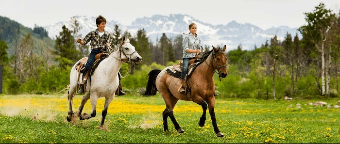 Confident plus-size woman riding Higham Ferrers a horse through a field with a smile on her face.